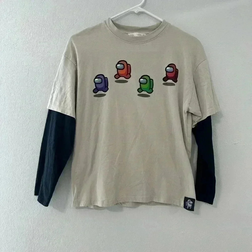 ZARA Kids Among Us Graphic Long Sleeve T Shirt Beige Black Size 11-12 Years